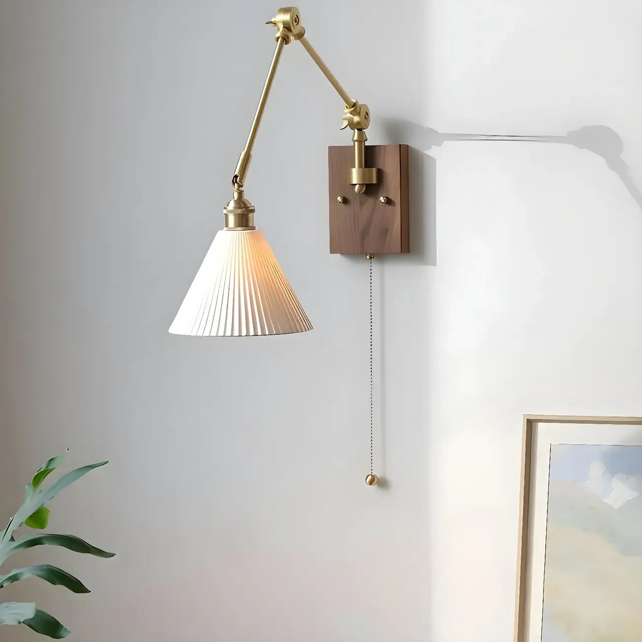 Antique Brass Swing Arm Wall Light with White Ceramics Shade