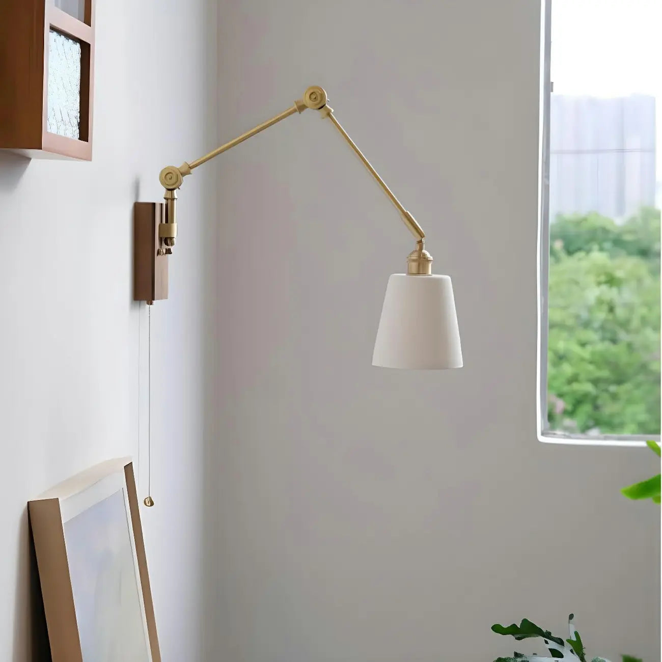 Antique Brass Swing Arm Wall Light with White Ceramics Shade