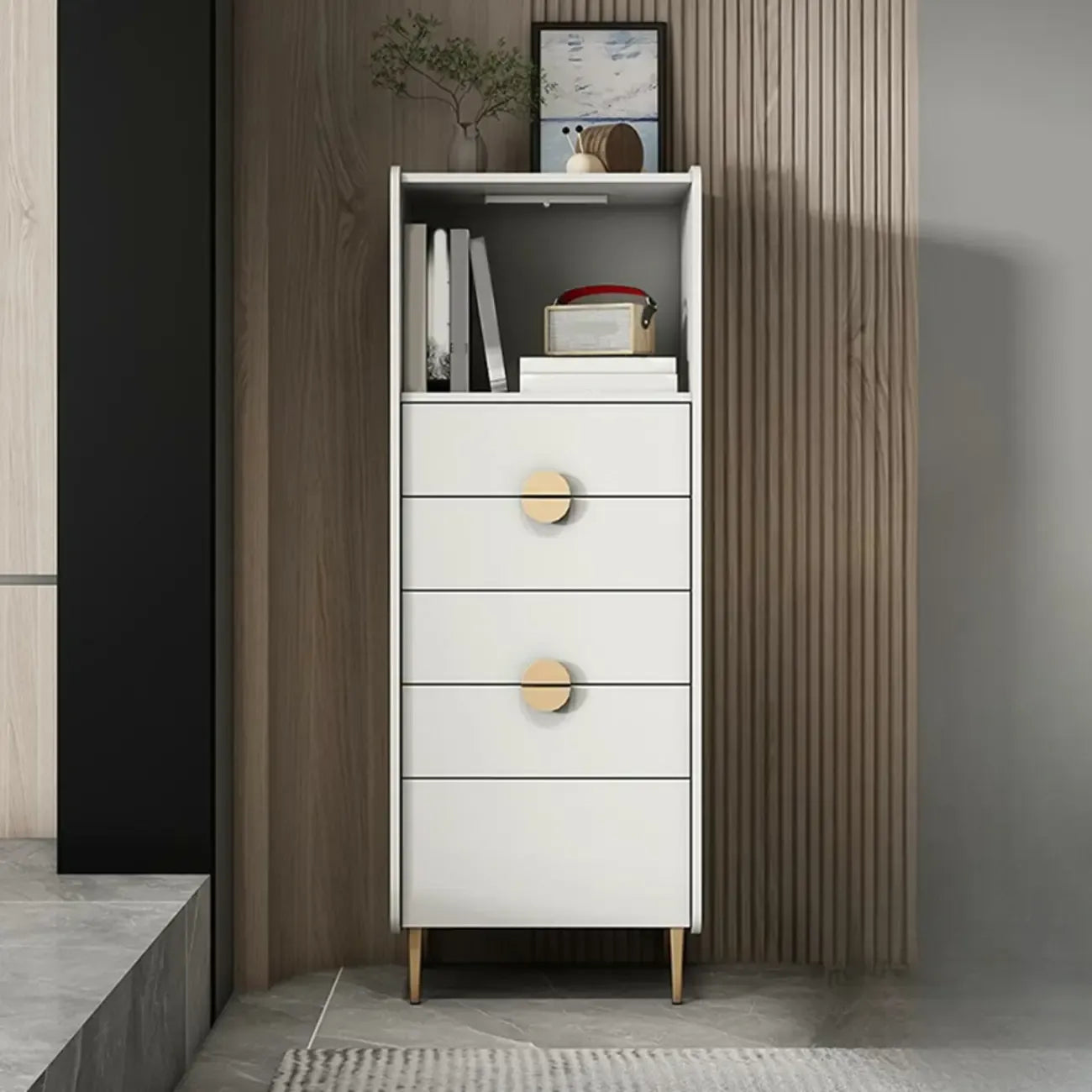 Modern Multi-Drawer White Wood Gold Storage Cabinet with Shelf