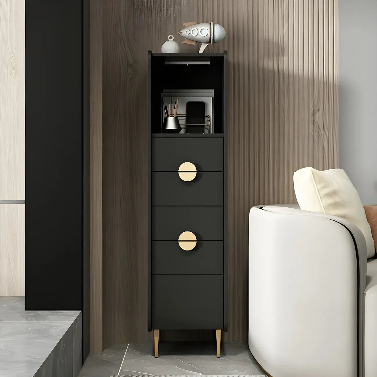 Modern Multi-Drawer White Wood Gold Storage Cabinet with Shelf