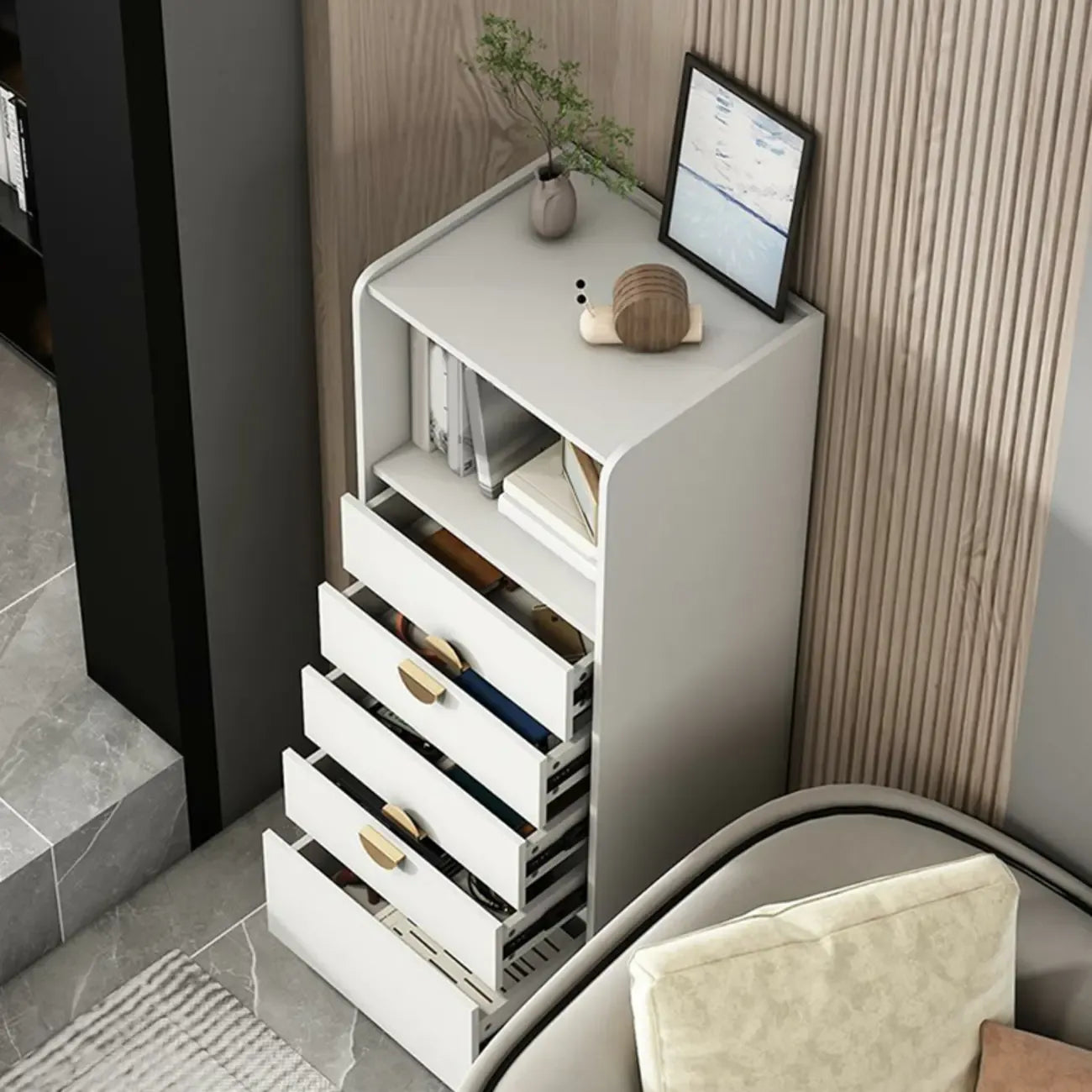 Modern Multi-Drawer White Wood Gold Storage Cabinet with Shelf