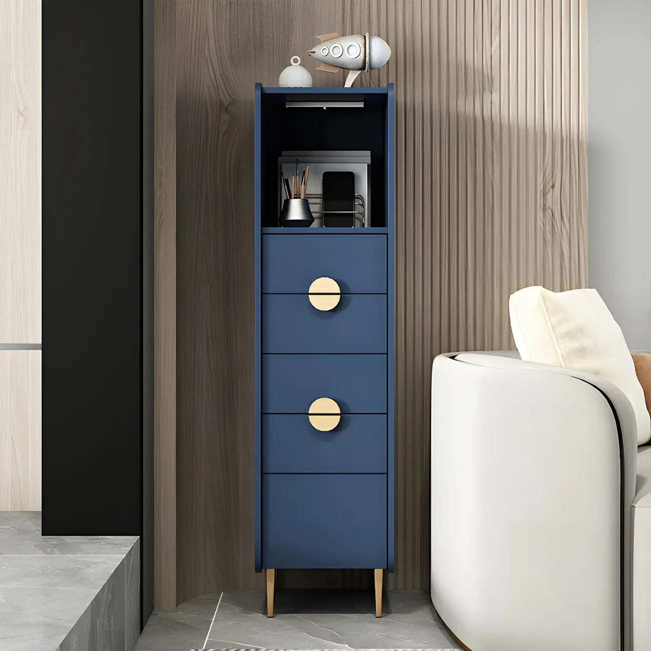 Modern Multi-Drawer White Wood Gold Storage Cabinet with Shelf