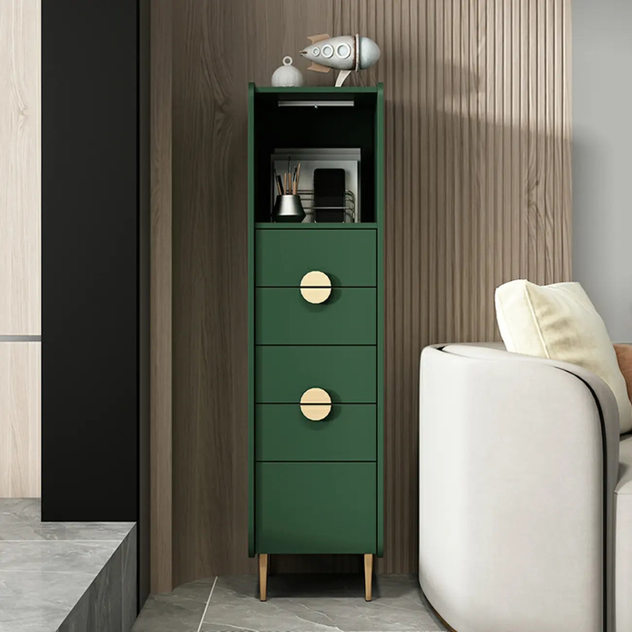Modern Multi-Drawer White Wood Gold Storage Cabinet with Shelf