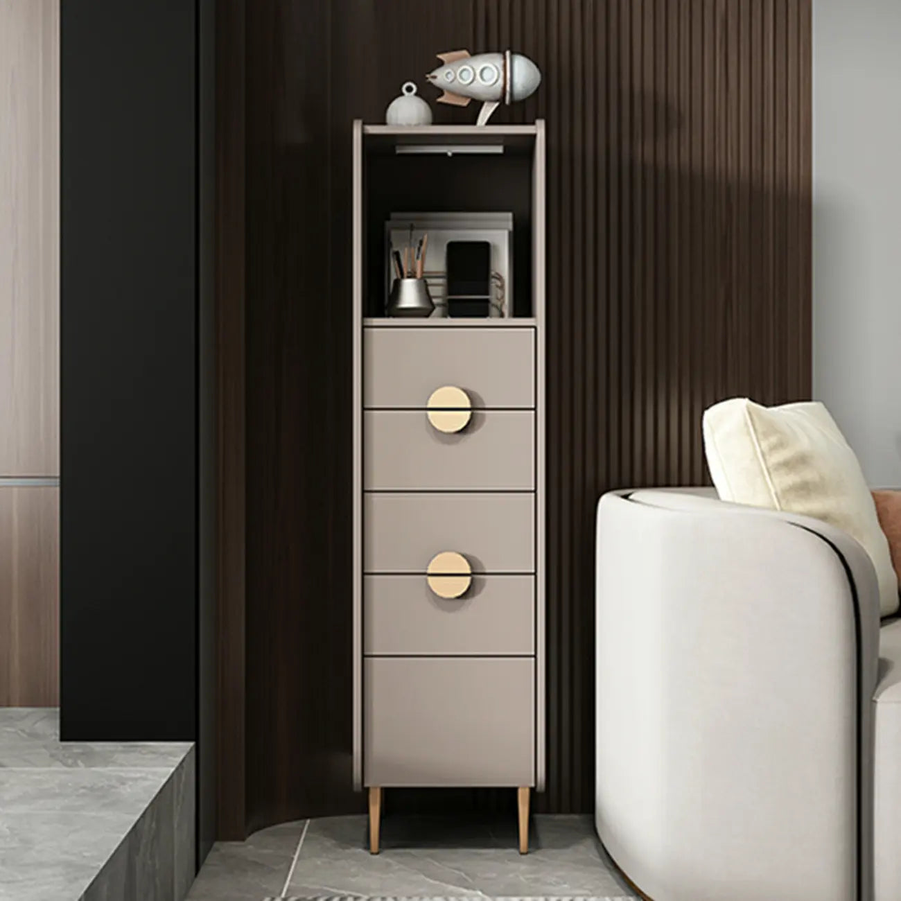 Modern Multi-Drawer White Wood Gold Storage Cabinet with Shelf