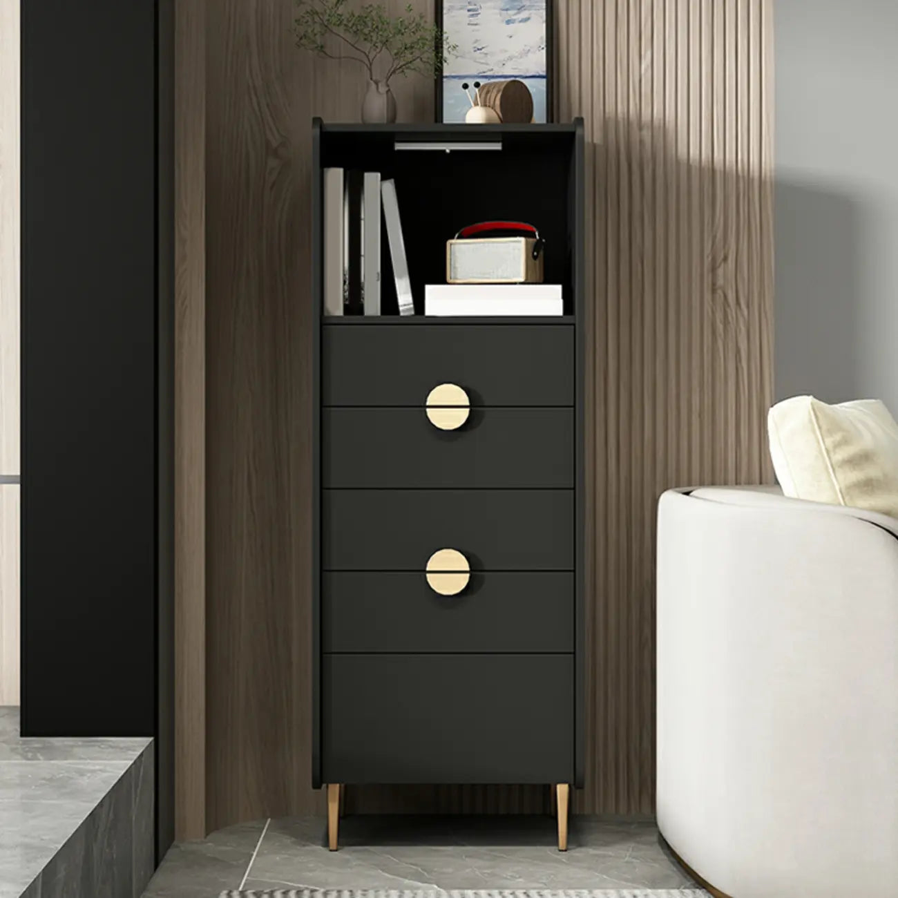 Modern Multi-Drawer White Wood Gold Storage Cabinet with Shelf