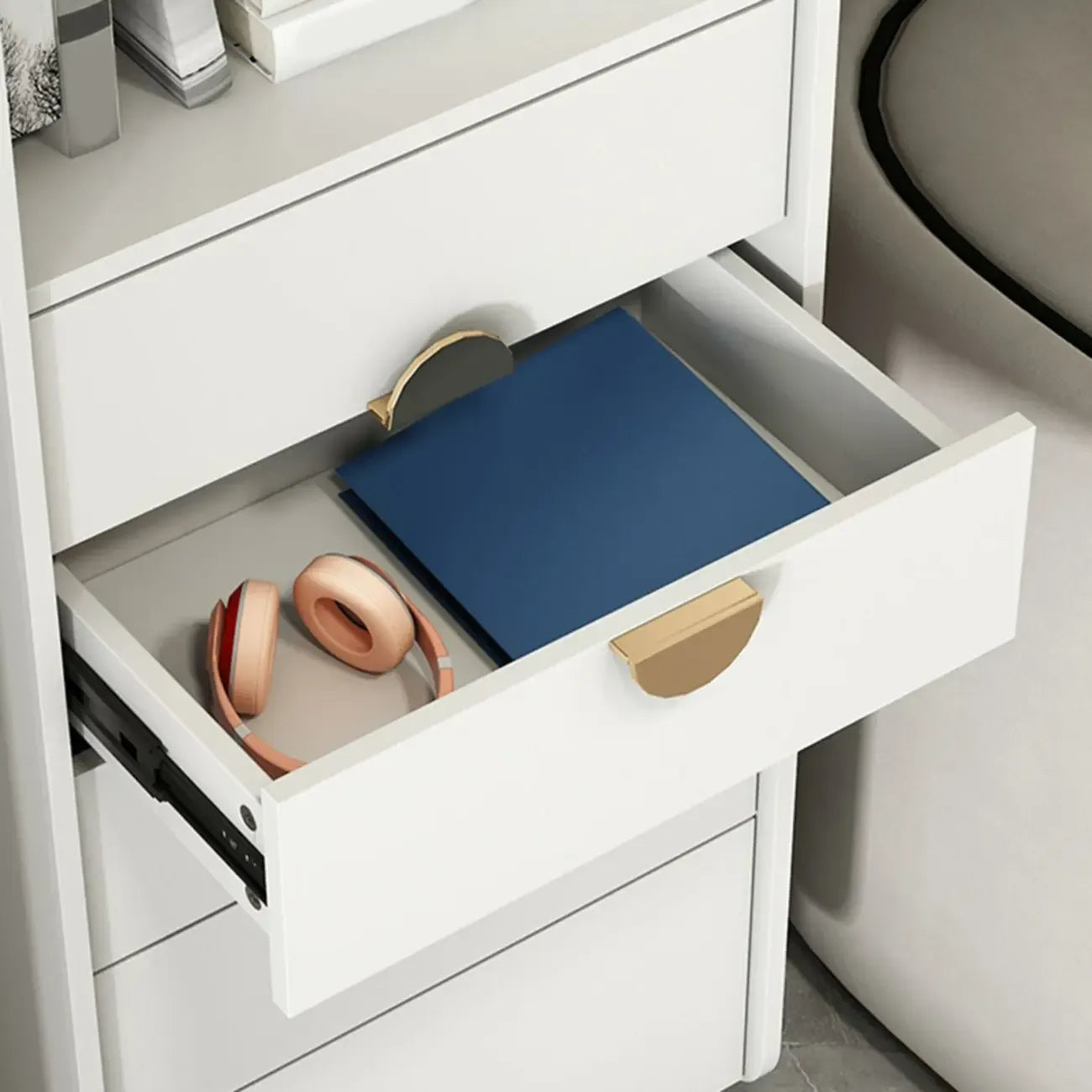 Modern Multi-Drawer White Wood Gold Storage Cabinet with Shelf