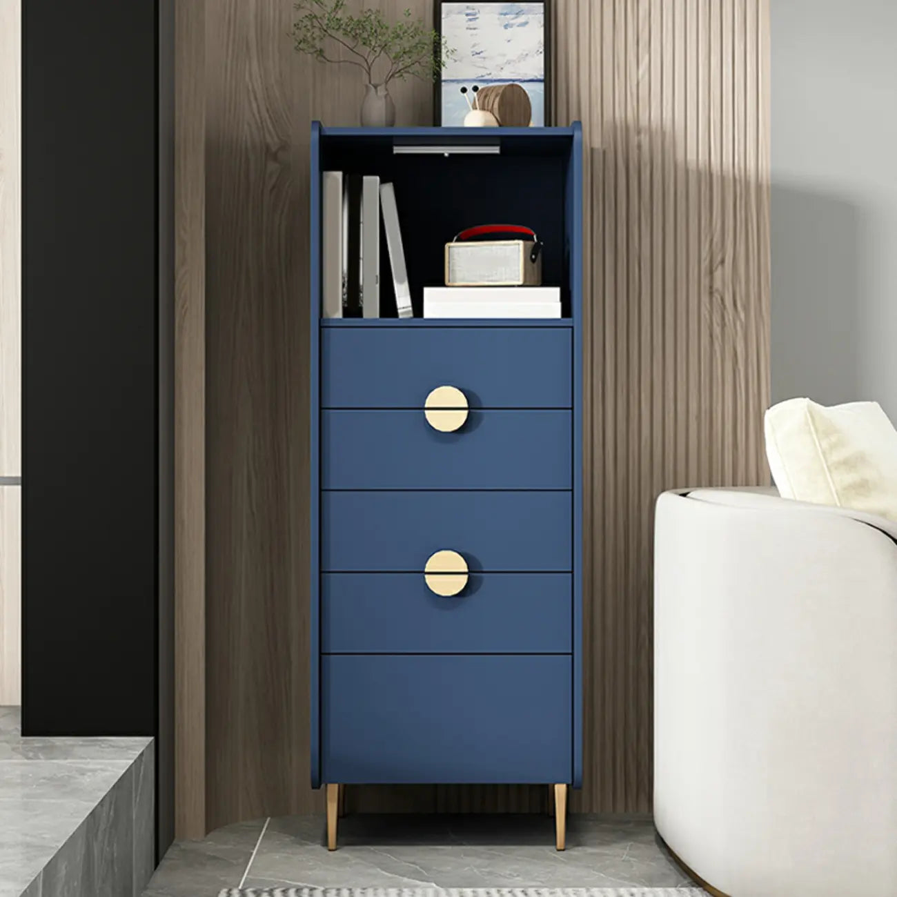 Modern Multi-Drawer White Wood Gold Storage Cabinet with Shelf