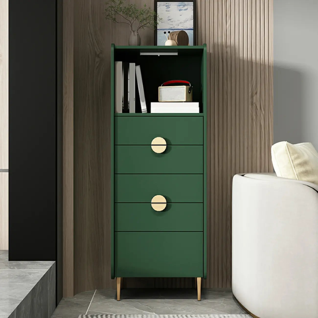 Modern Multi-Drawer White Wood Gold Storage Cabinet with Shelf