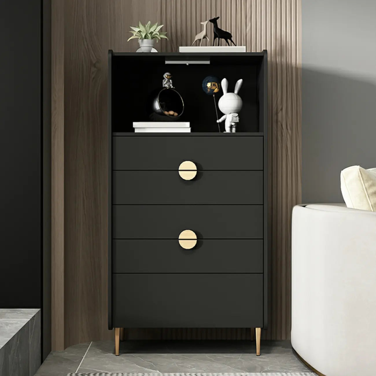 Modern Multi-Drawer White Wood Gold Storage Cabinet with Shelf