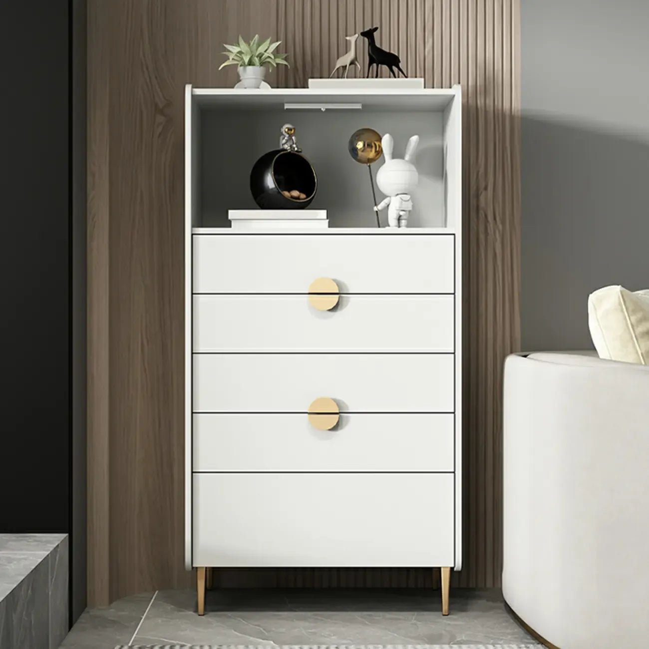 Modern Multi-Drawer White Wood Gold Storage Cabinet with Shelf