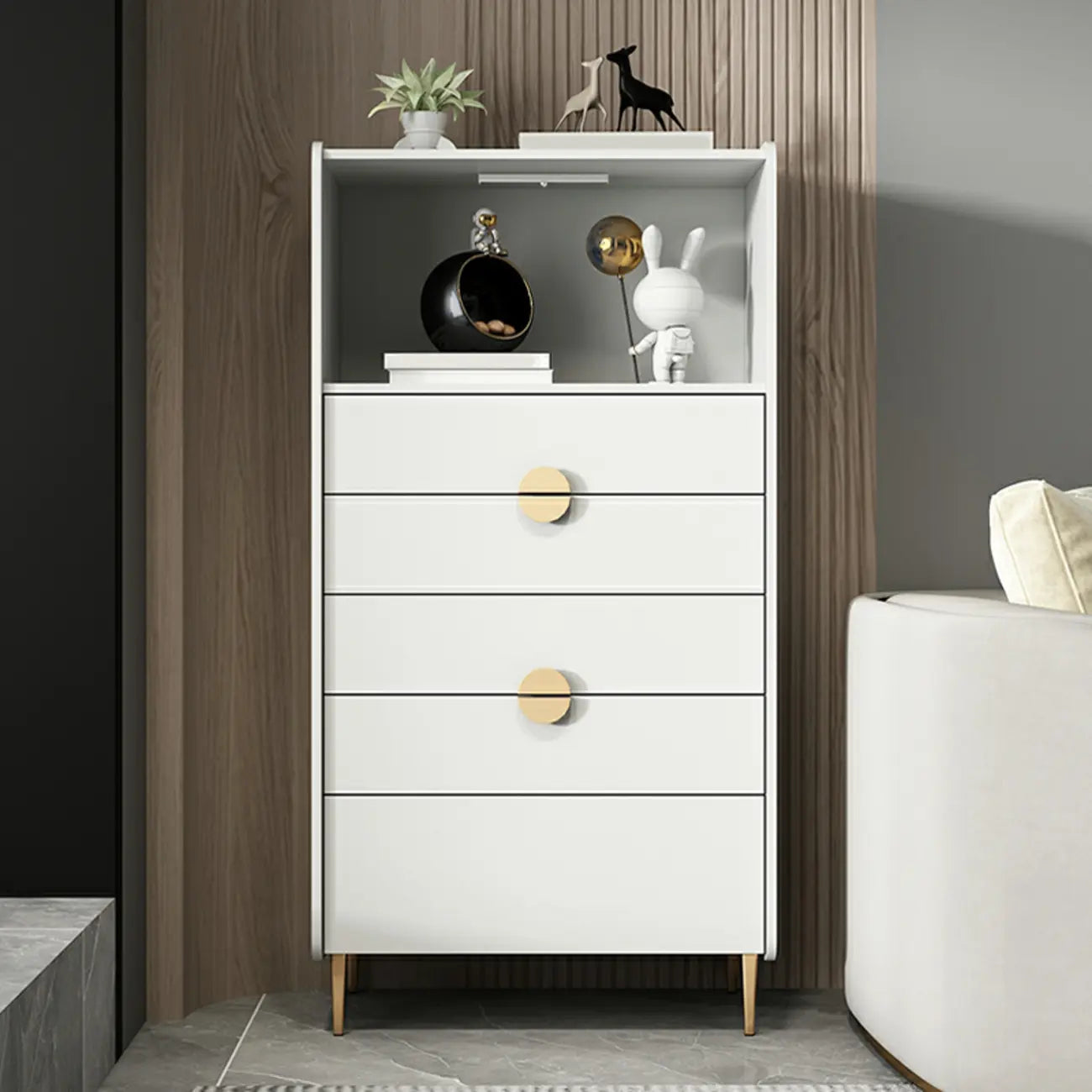 Modern Multi-Drawer White Wood Gold Storage Cabinet with Shelf