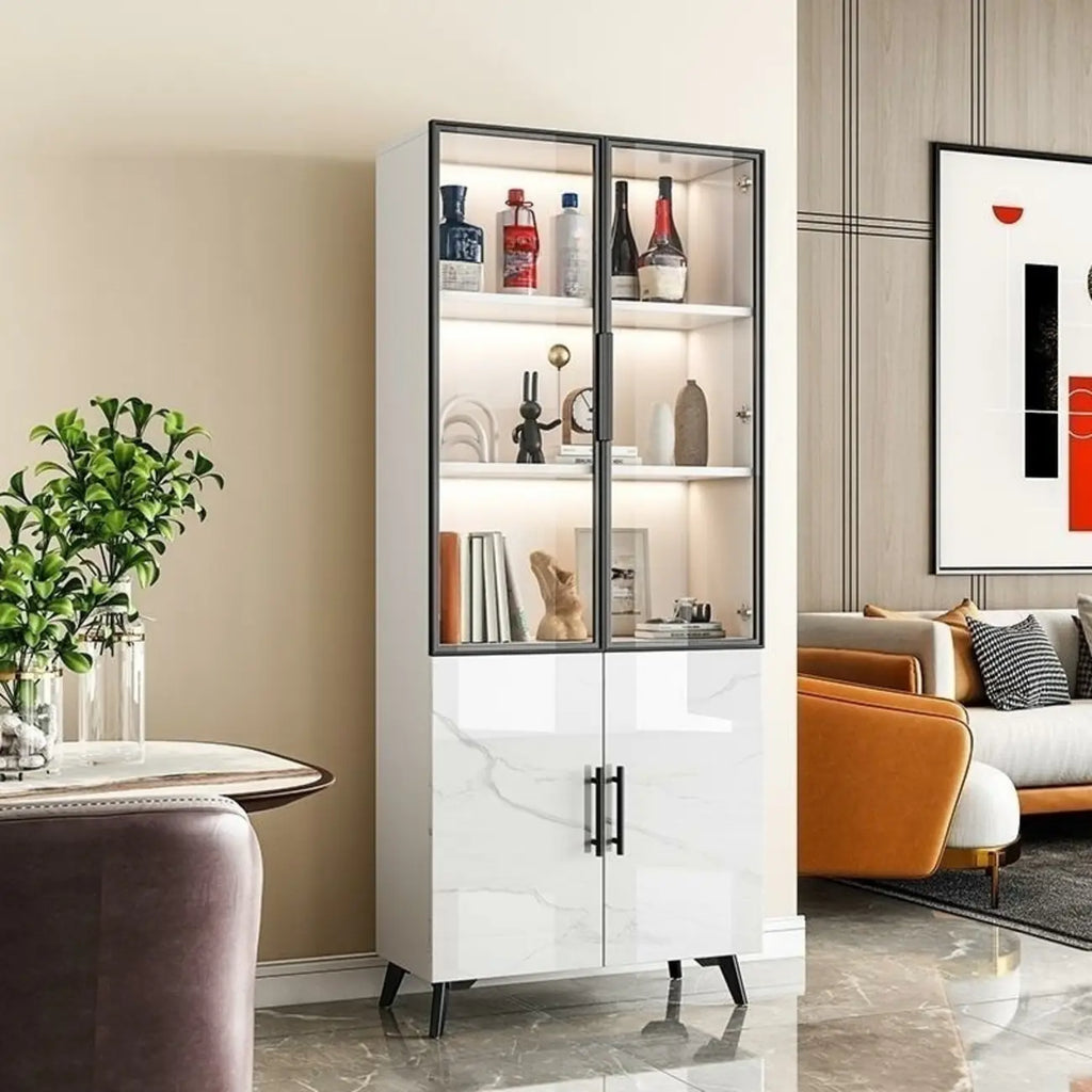 Modern White Marble-Textured Wood Glass Storage Cabinet