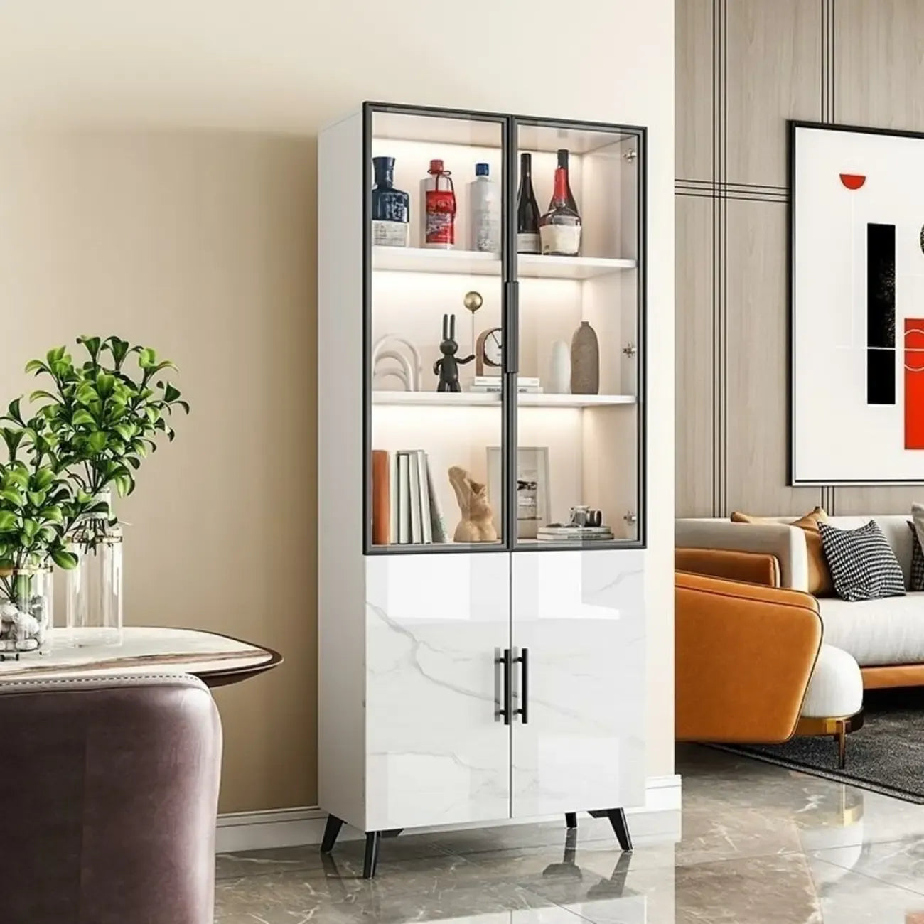 Modern White Marble-Textured Wood Glass Storage Cabinet