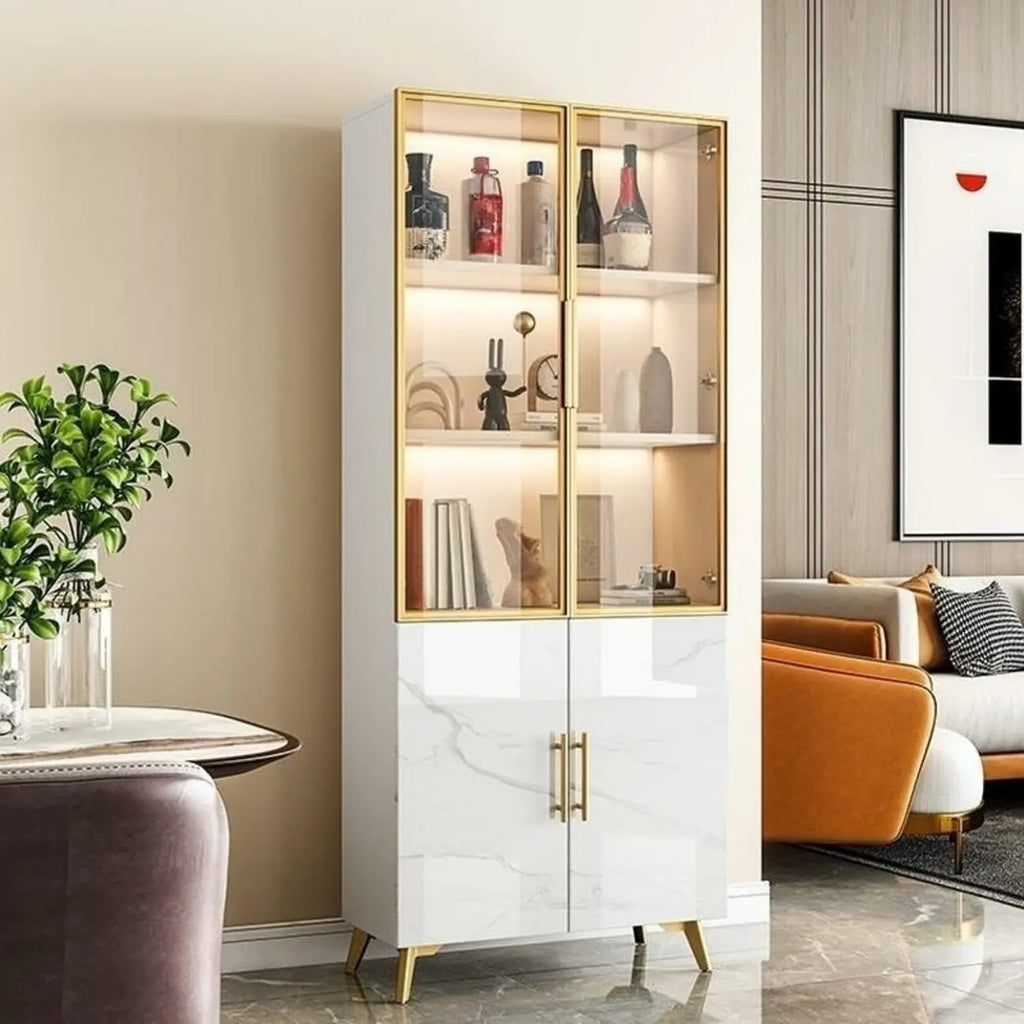 Modern White Marble-Textured Wood Glass Storage Cabinet