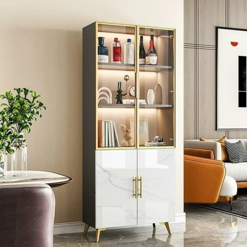 Modern White Marble-Textured Wood Glass Storage Cabinet