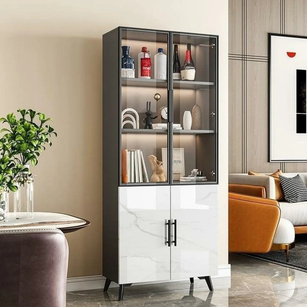 Modern White Marble-Textured Wood Glass Storage Cabinet