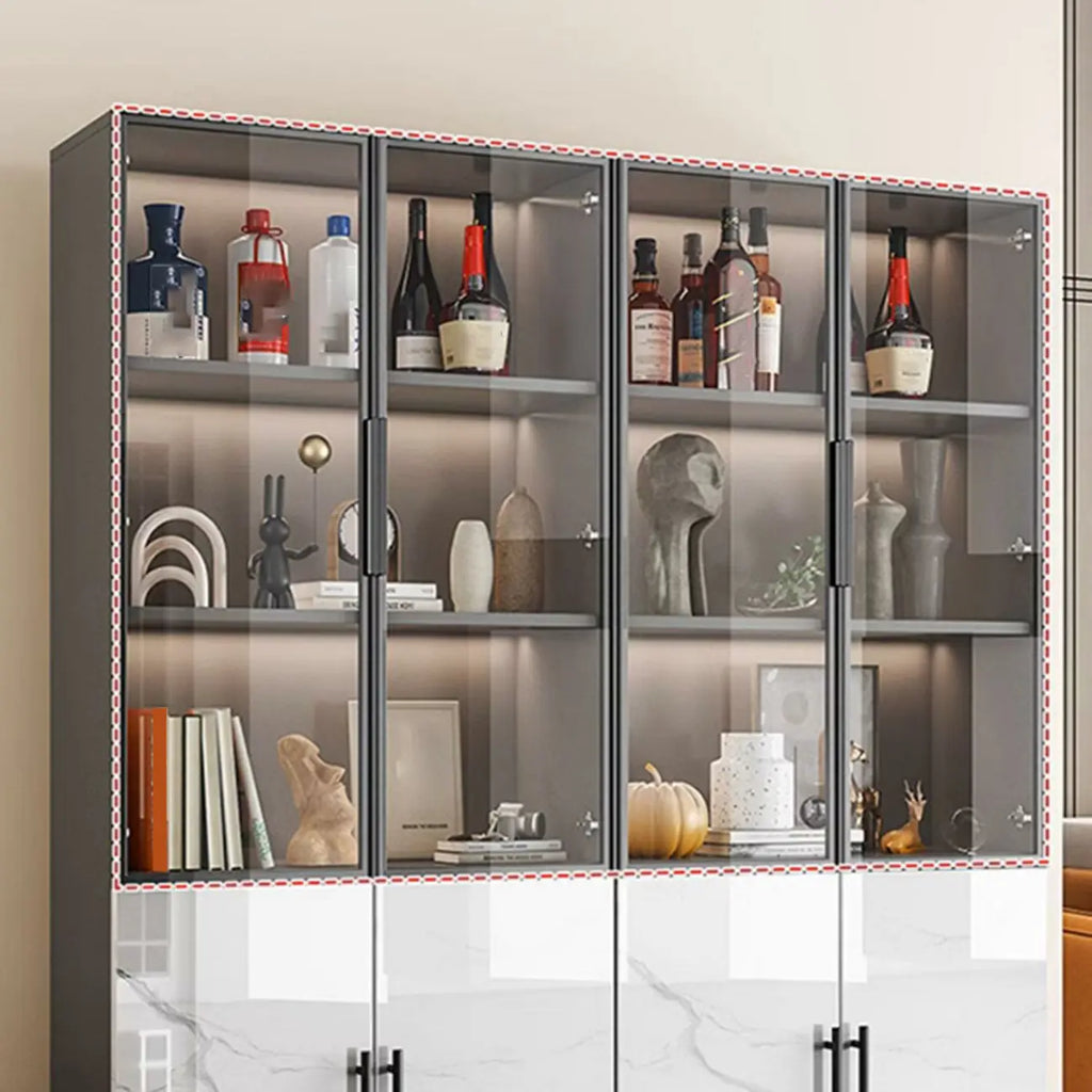 Modern White Marble-Textured Wood Glass Storage Cabinet