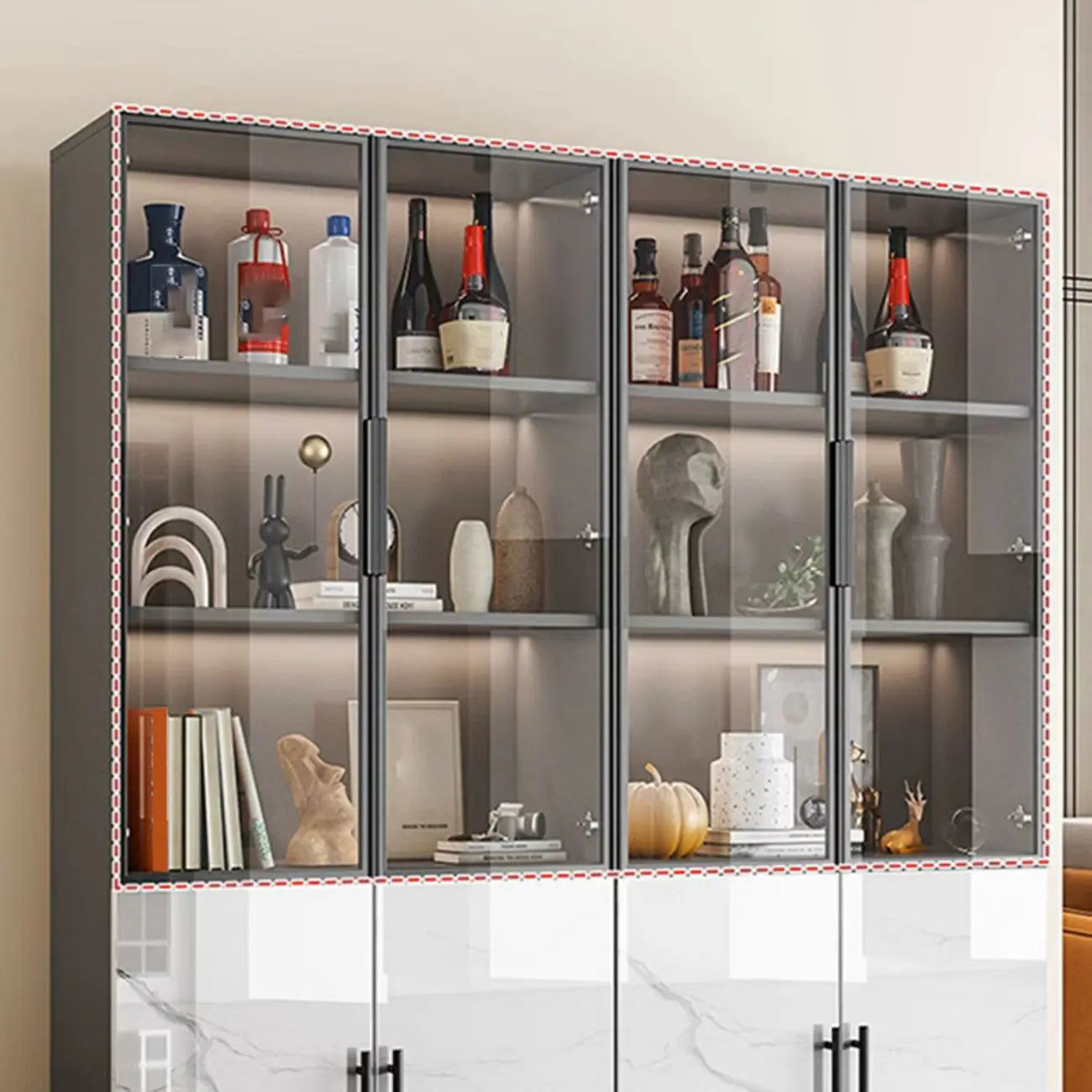 Modern White Marble-Textured Wood Glass Storage Cabinet