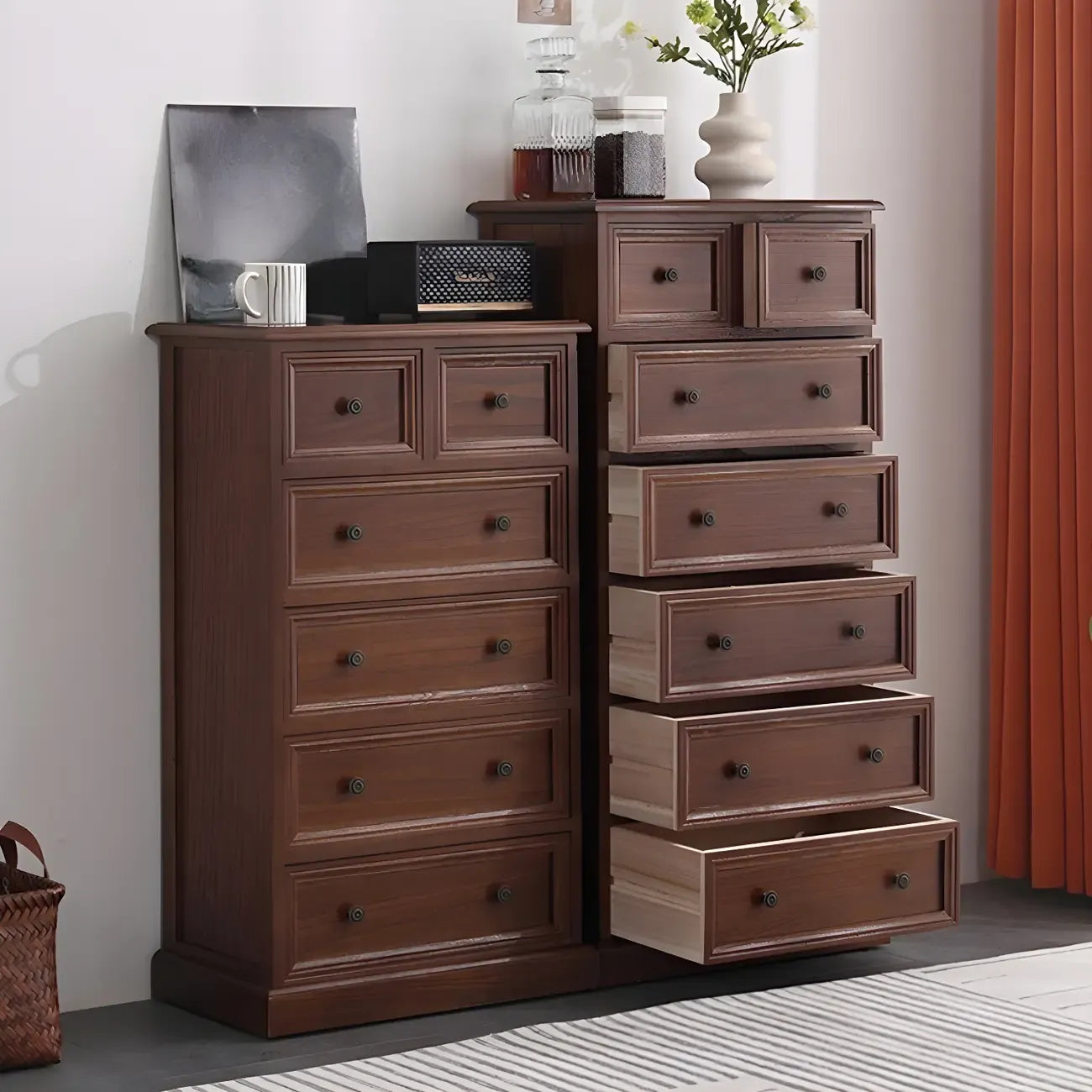 Retro Lacquered Rectangular Wooden Drawers Storage Chest