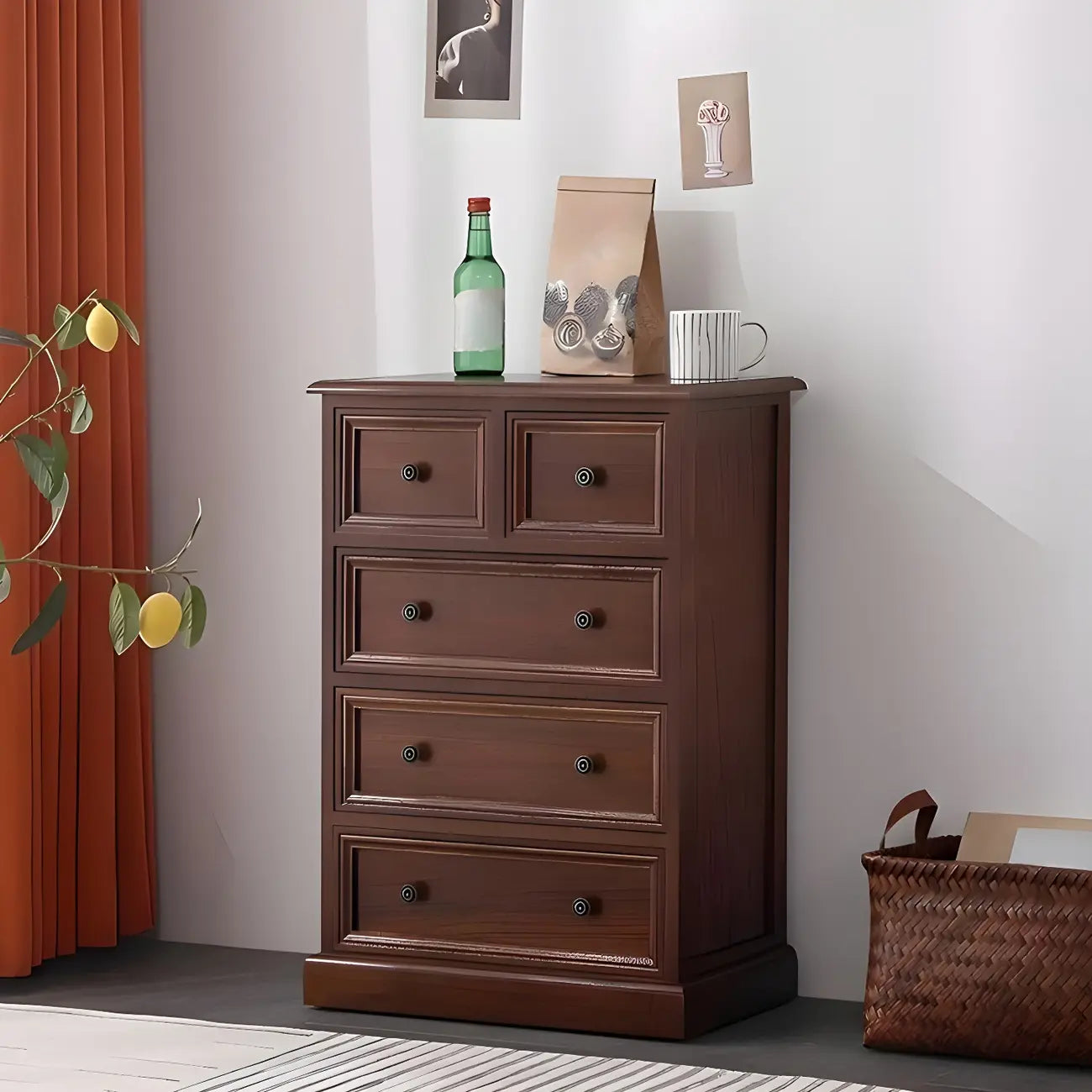 Retro Lacquered Rectangular Wooden Drawers Storage Chest