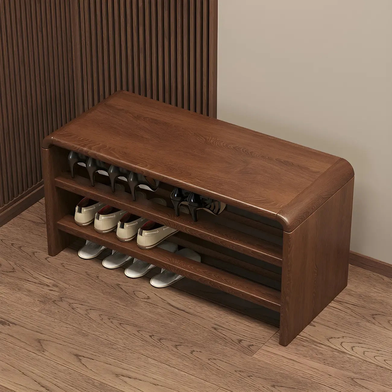 Entryway Brown Solid Wood 3-Tier Shoe Rack Bench
