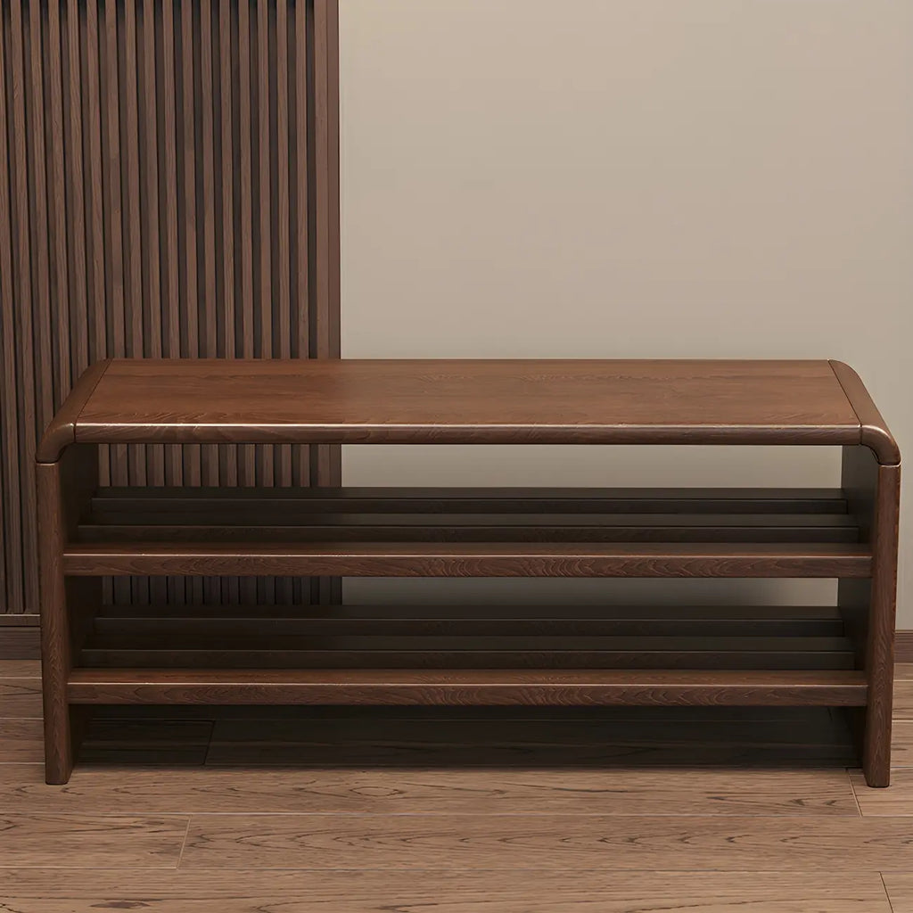 Entryway Brown Solid Wood 3-Tier Shoe Rack Bench