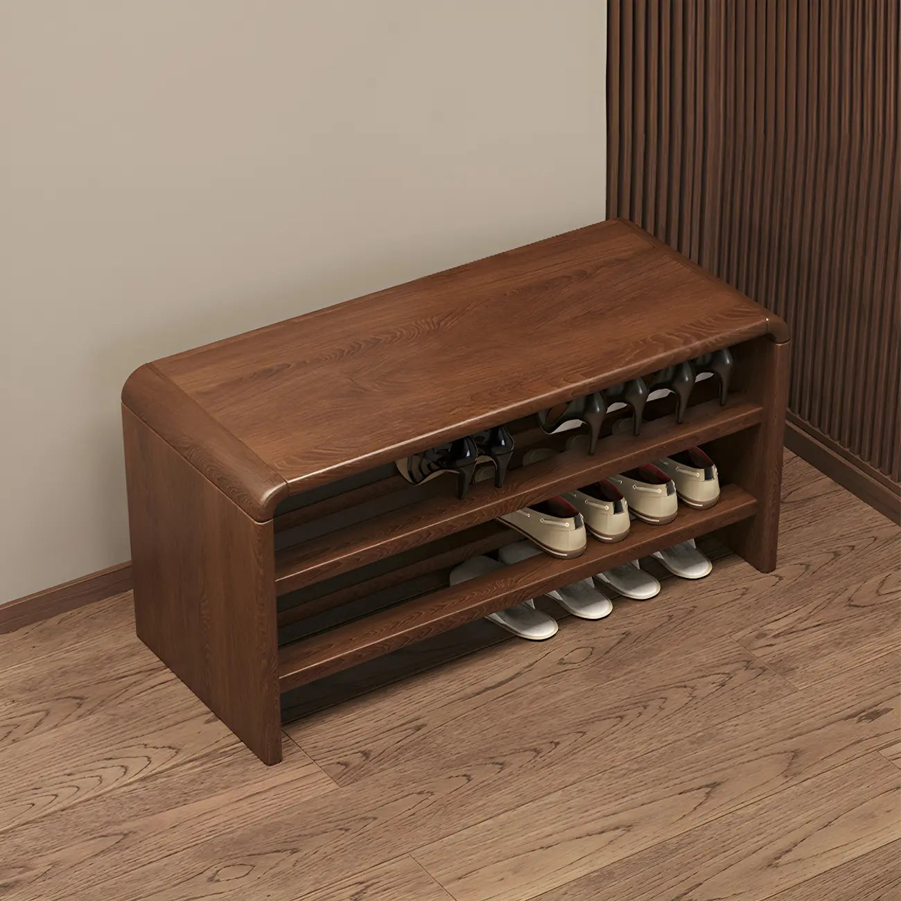 Entryway Brown Solid Wood 3-Tier Shoe Rack Bench