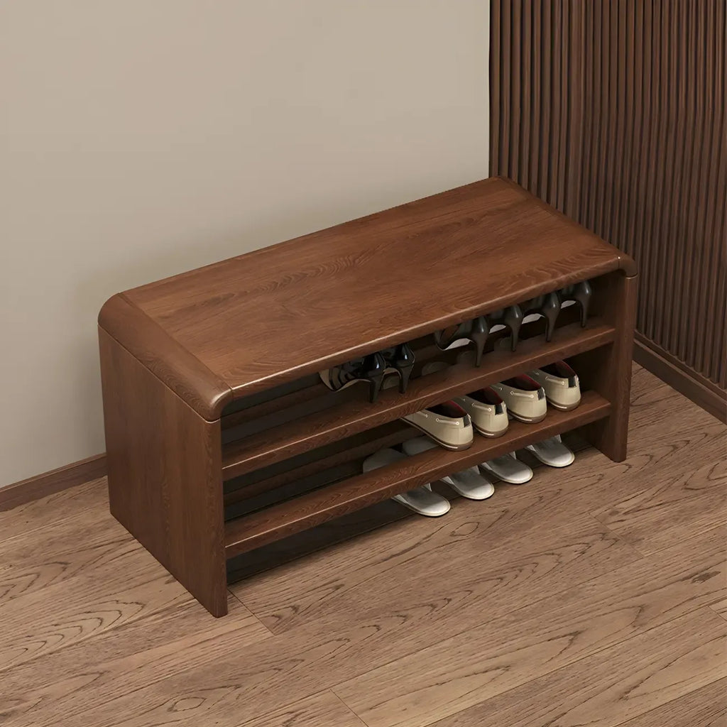 Entryway Brown Solid Wood 3-Tier Shoe Rack Bench