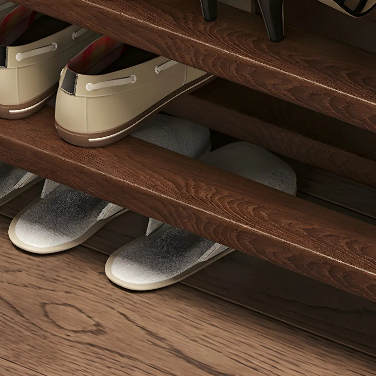 Entryway Brown Solid Wood 3-Tier Shoe Rack Bench