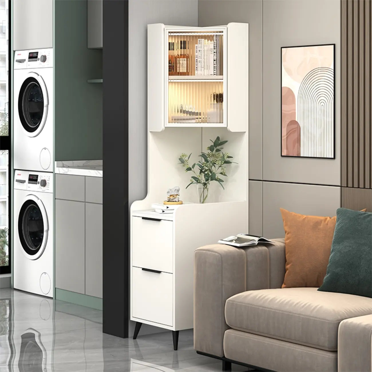 Modern Khaki Wooden Corner Lighting Storage Cabinet