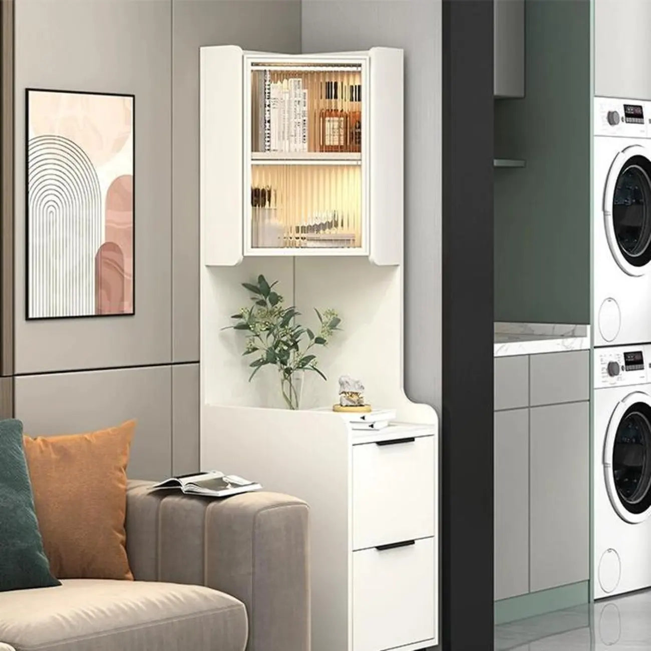 Modern Khaki Wooden Corner Lighting Storage Cabinet