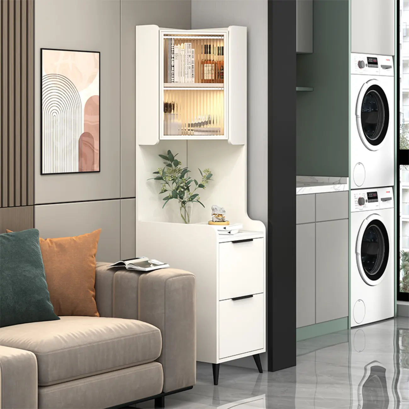 Modern Khaki Wooden Corner Lighting Storage Cabinet