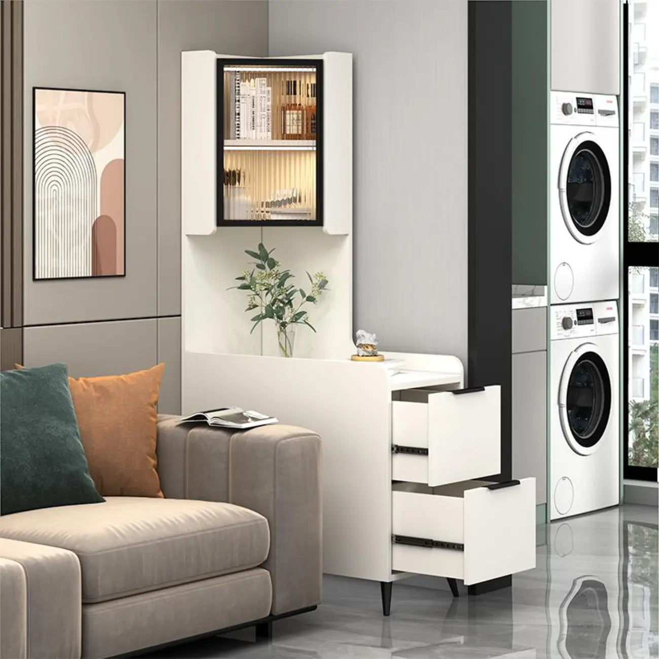 Modern Khaki Wooden Corner Lighting Storage Cabinet