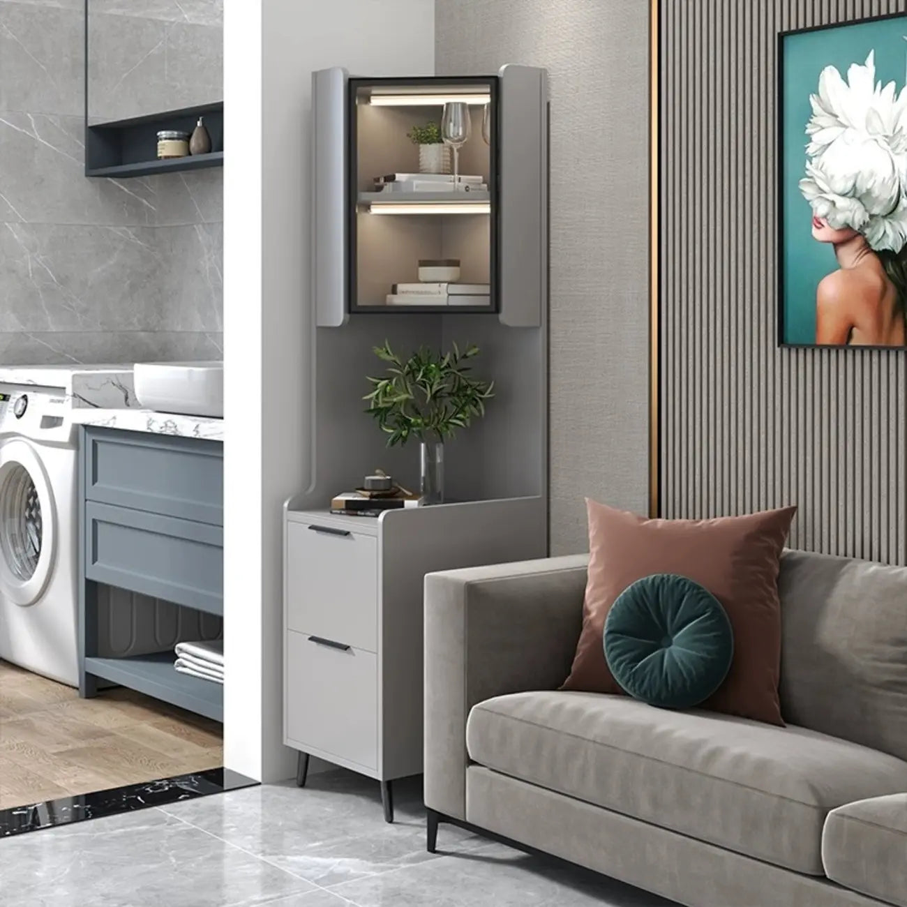 Modern Khaki Wooden Corner Lighting Storage Cabinet