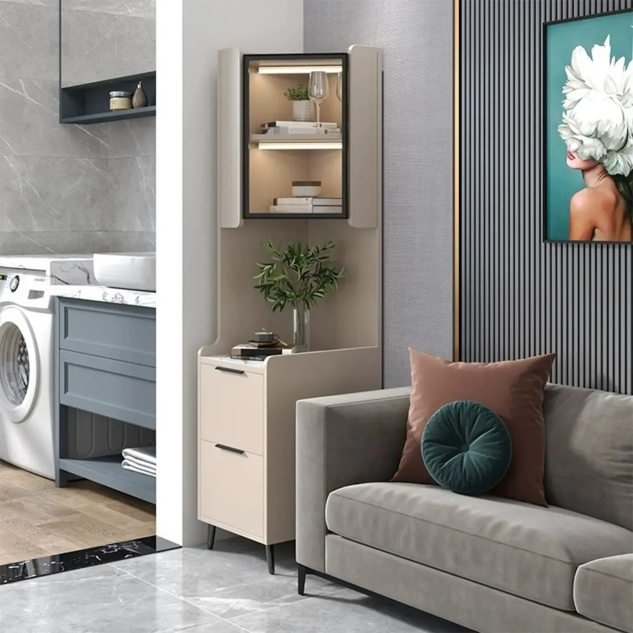 Modern Khaki Wooden Corner Lighting Storage Cabinet