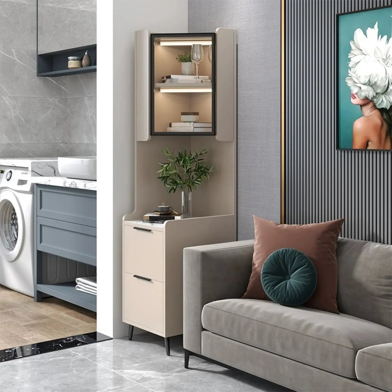 Modern Khaki Wooden Corner Lighting Storage Cabinet