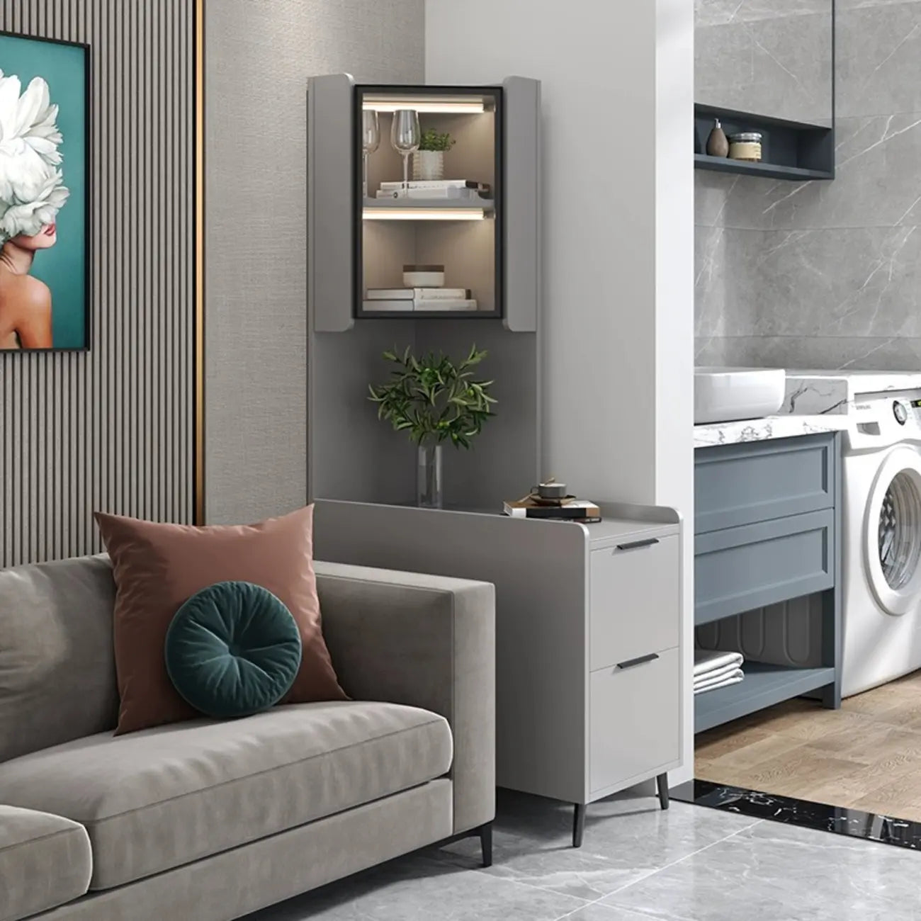 Modern Khaki Wooden Corner Lighting Storage Cabinet