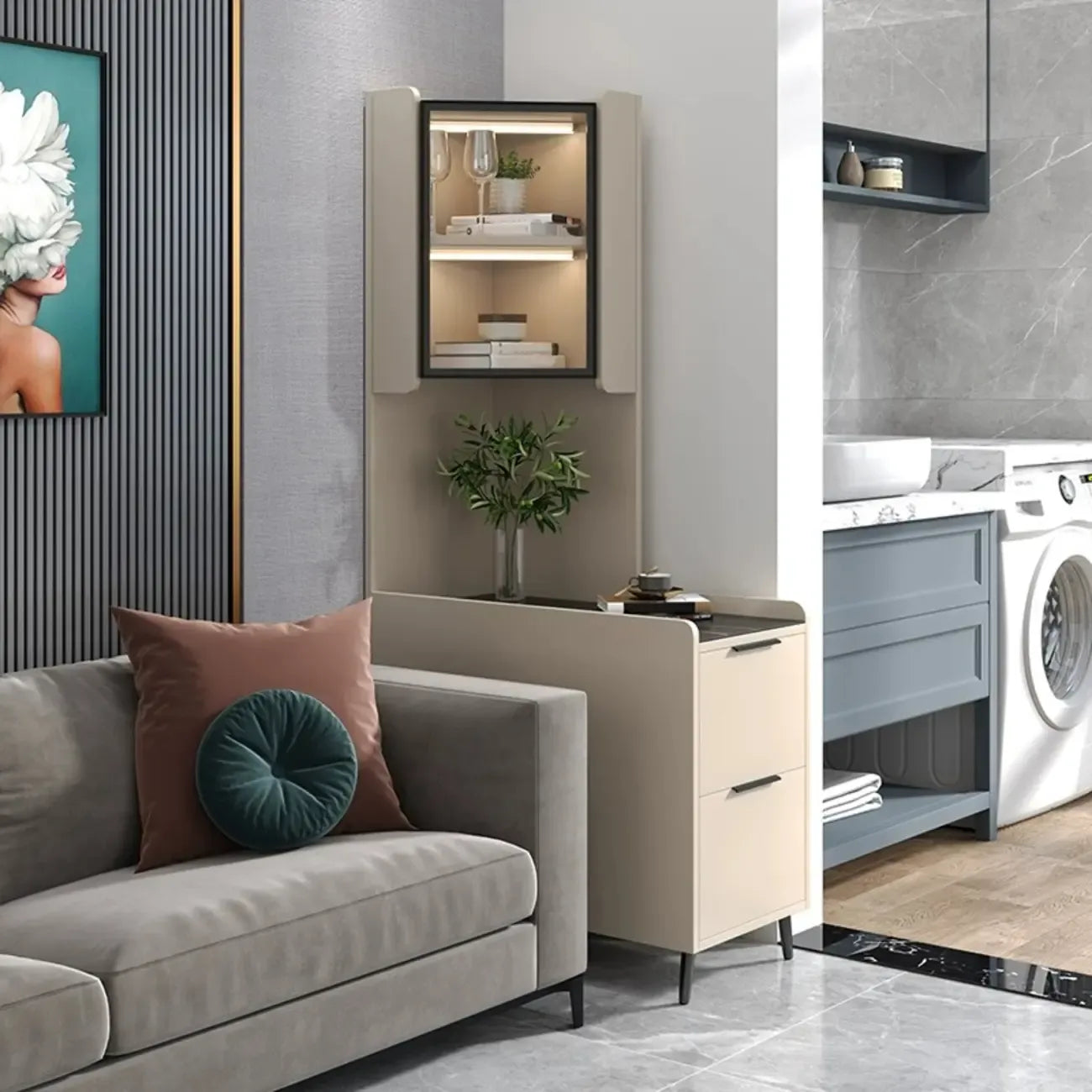 Modern Khaki Wooden Corner Lighting Storage Cabinet