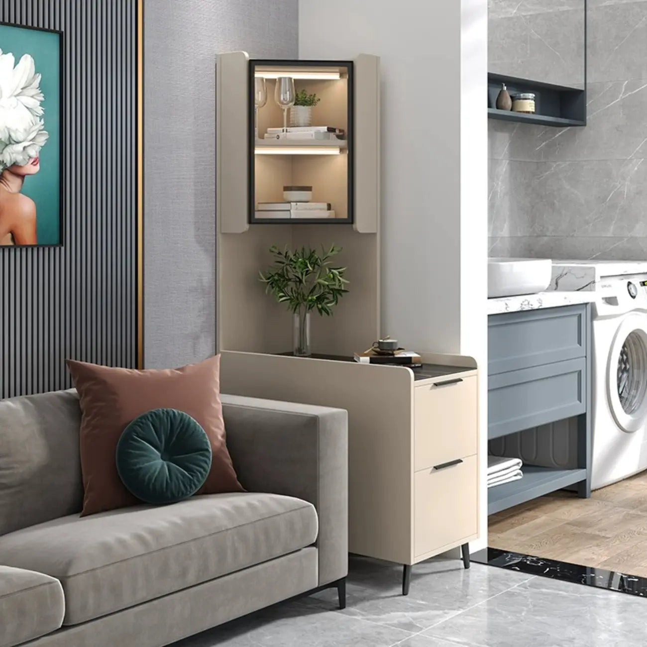 Modern Khaki Wooden Corner Lighting Storage Cabinet