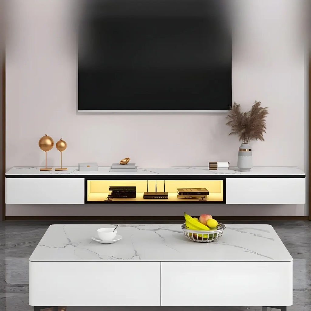 63 White Stone Top Floating TV Stand with LED Lights
