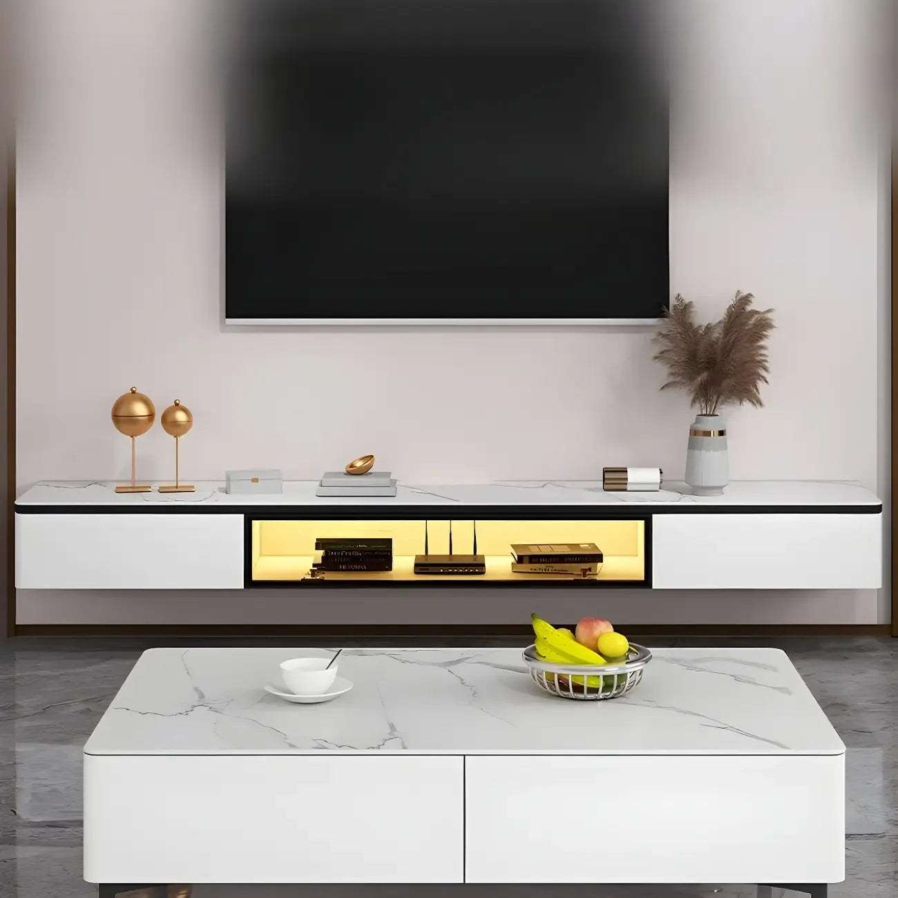 63 White Stone Top Floating TV Stand with LED Lights