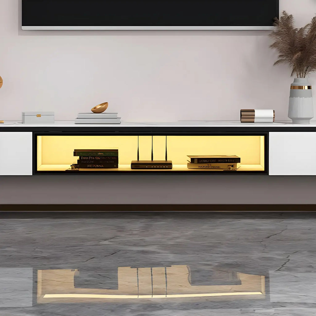 63 White Stone Top Floating TV Stand with LED Lights