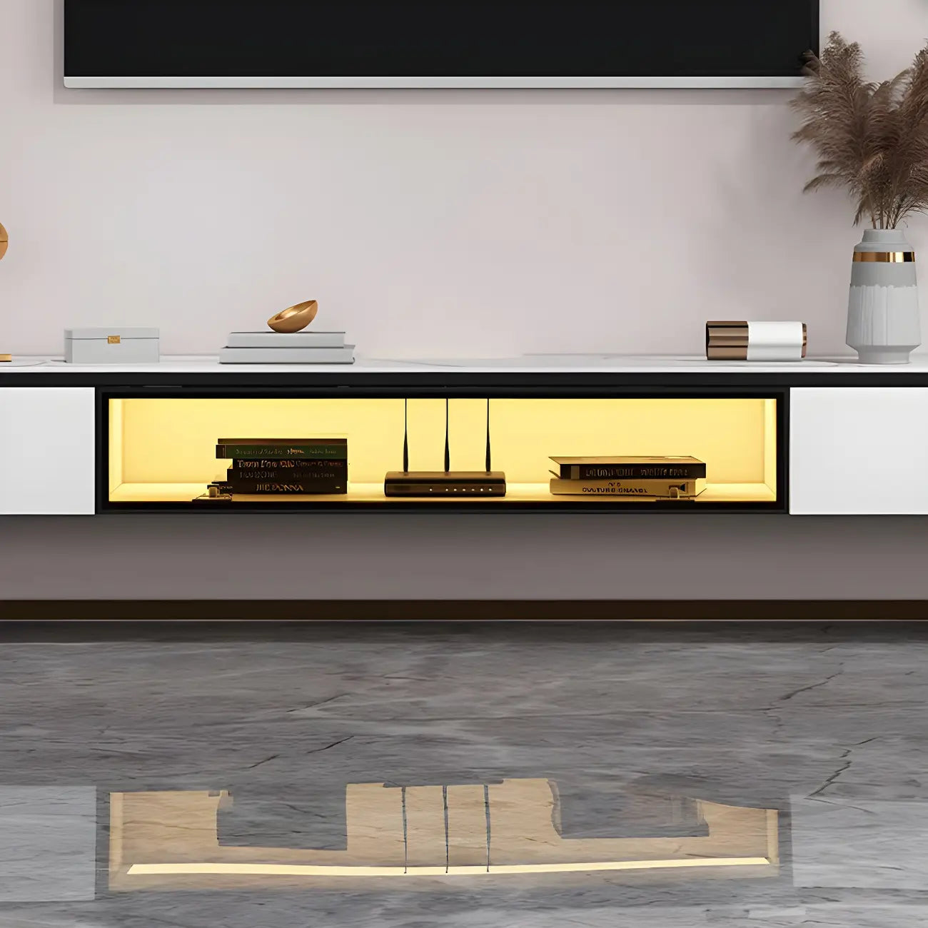 63 White Stone Top Floating TV Stand with LED Lights