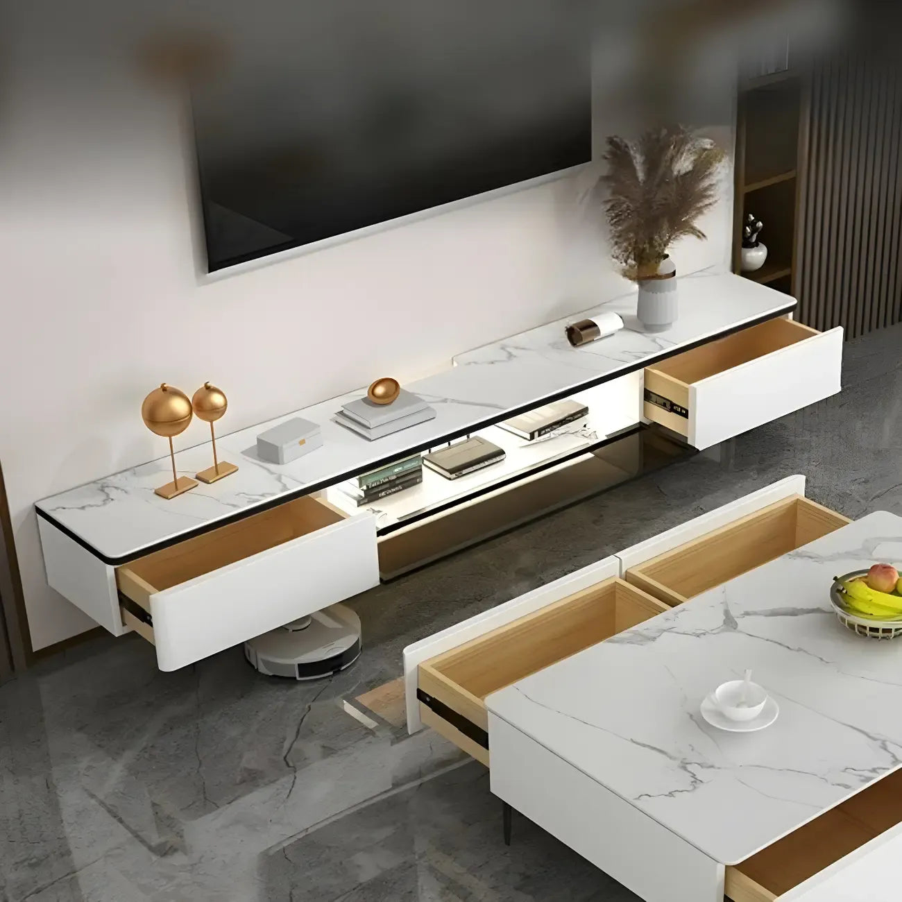 63 White Stone Top Floating TV Stand with LED Lights