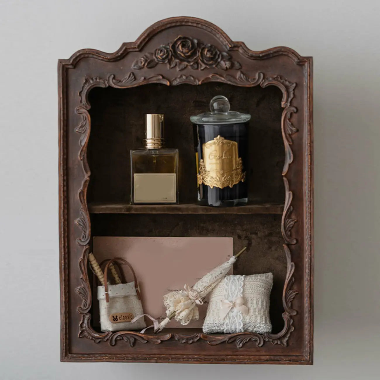 French Country Classic Wall Mount Carved Display Cabinet