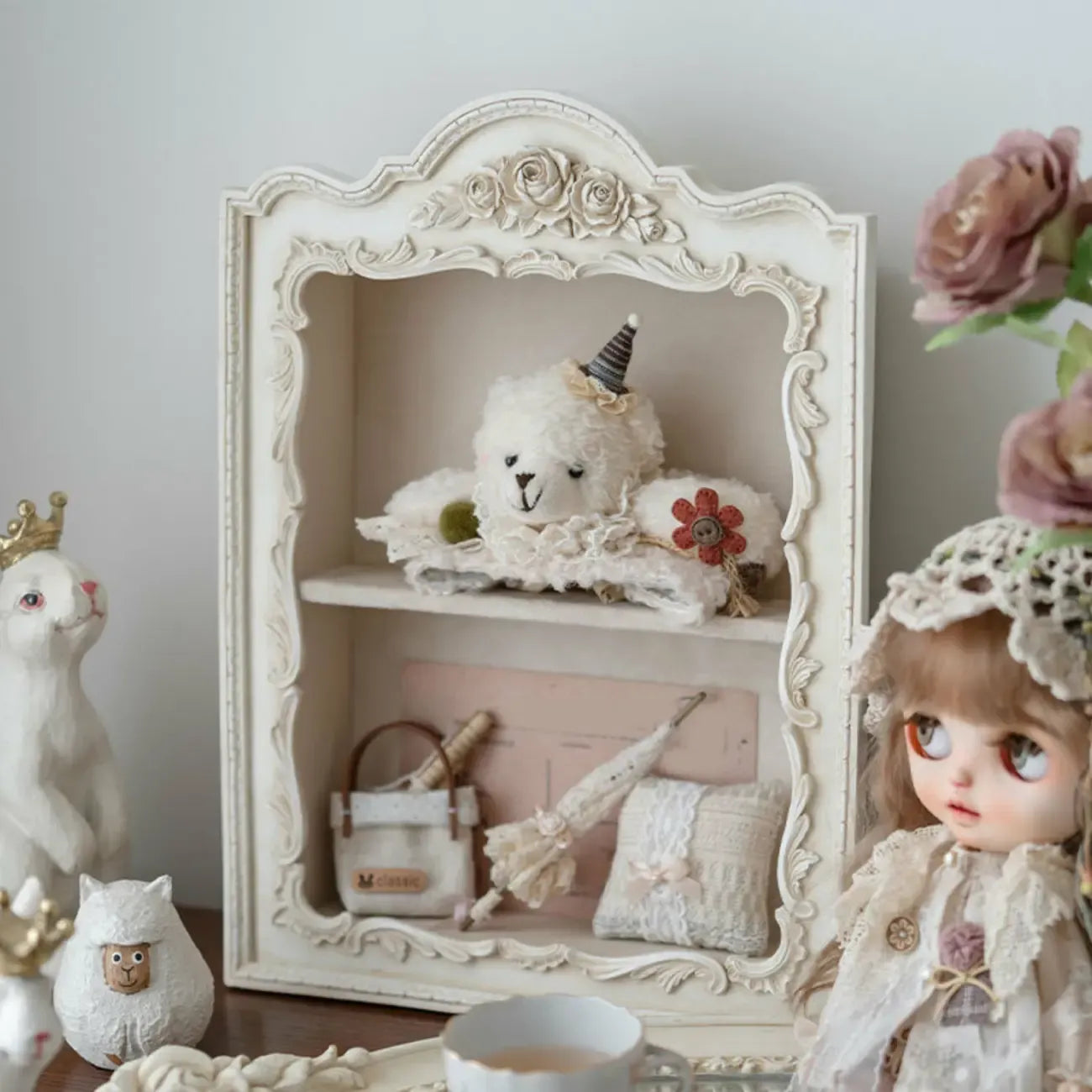 French Country Classic Wall Mount Carved Display Cabinet