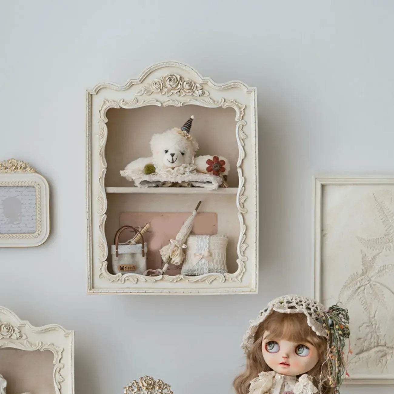 French Country Classic Wall Mount Carved Display Cabinet