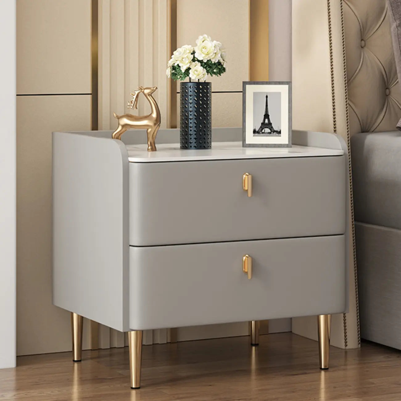 Trendy Stone Leather Gold Accents 2-Drawer Nightstand