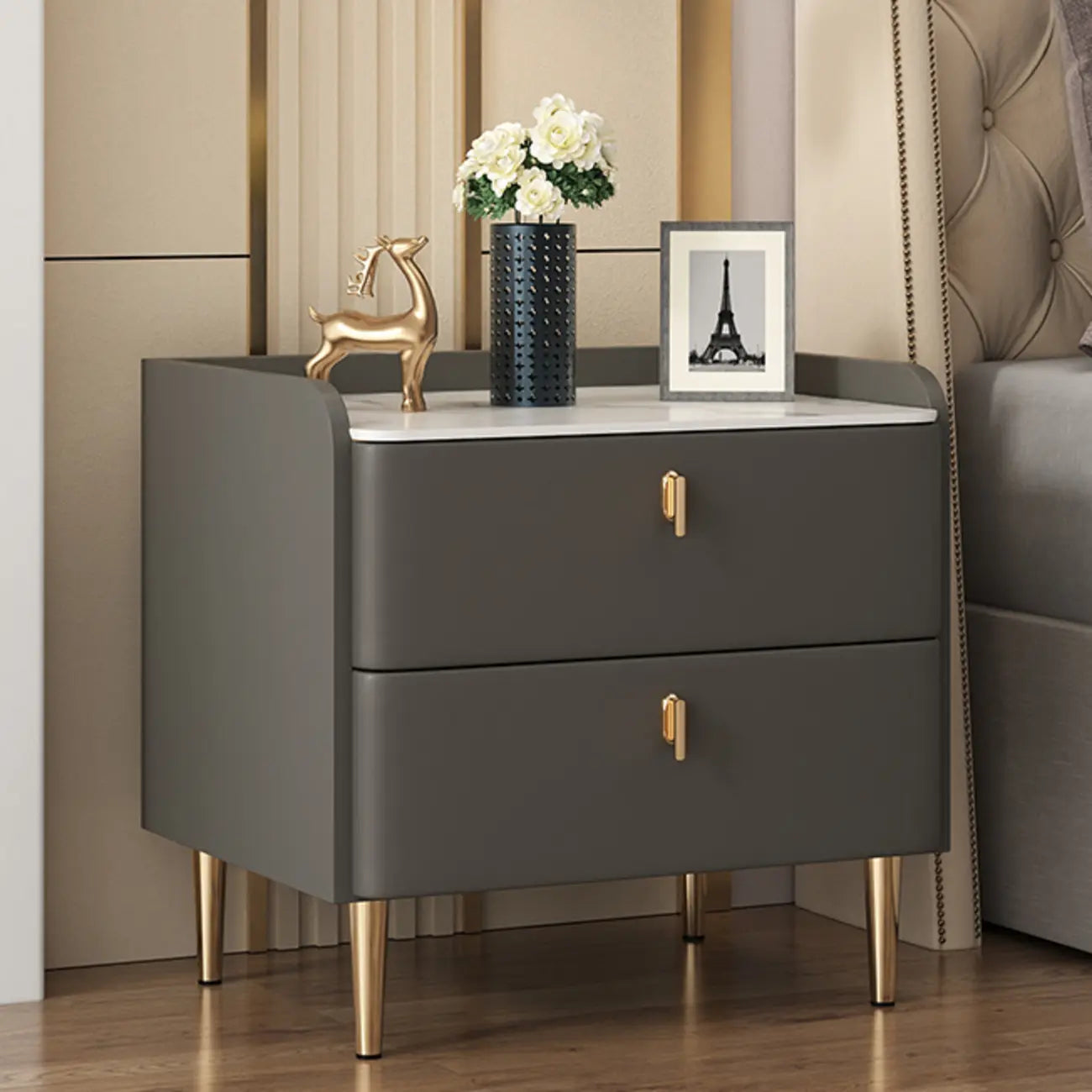 Trendy Stone Leather Gold Accents 2-Drawer Nightstand