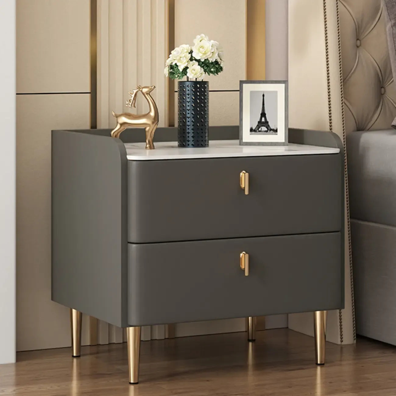 Trendy Stone Leather Gold Accents 2-Drawer Nightstand